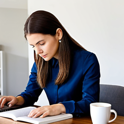 Professional Development**

"A woman in her late 20s, wearing a modest business casual outfit, is studying a textbook titled 'E-Commerce Strategies' at a bright, modern desk. The setting is a well-lit home office with a laptop and a cup of coffee. The scene conveys focus and determination. Safe for work, appropriate content, fully clothed, professional, perfect anatomy, correct proportions, natural pose."

**
