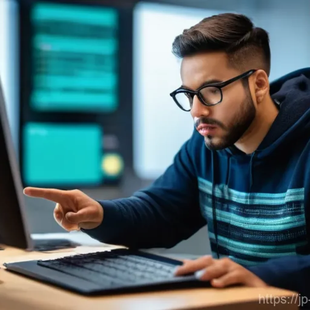 전자상거래 실무에서 발생한 문제 해결 사례 - " One team member, in a clean t-shirt, points intensely at a section of complex code or a website in...