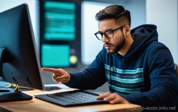 전자상거래 실무에서 발생한 문제 해결 사례 - " One team member, in a clean t-shirt, points intensely at a section of complex code or a website in...