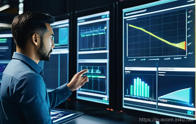 전자상거래 실무와 연계된 물류 관리 기술 - **AI-Powered Inventory Management Hub:** A futuristic, brightly lit warehouse control room with mult...