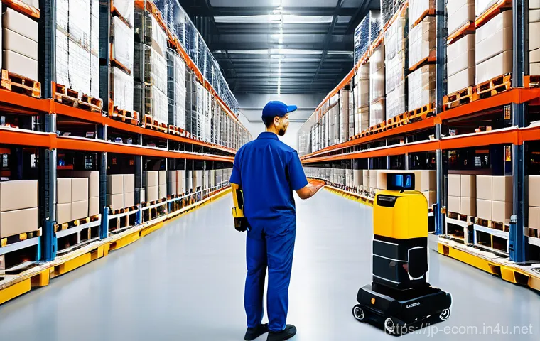 전자상거래 실무와 연계된 물류 관리 기술 - **AI-Powered Inventory Management Hub:** A futuristic, brightly lit warehouse control room with mult...