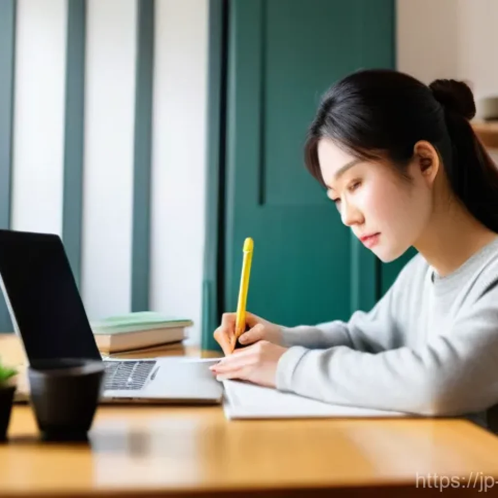 전자상거래 자격증 취득을 위한 필기 실기 공부법 - **Focused Study Session at Home**
A 30-year-old Japanese woman, dressed in a comfortable, long-s...