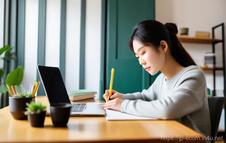 전자상거래 자격증 취득을 위한 필기 실기 공부법 - **Focused Study Session at Home**
    A 30-year-old Japanese woman, dressed in a comfortable, long-s...