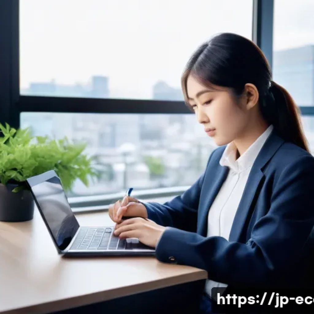 전자상거래 실기 시험 대비 효과적인 학습 계획 - A modern Japanese office scene showing a focused young adult woman studying practical e-commerce ski...