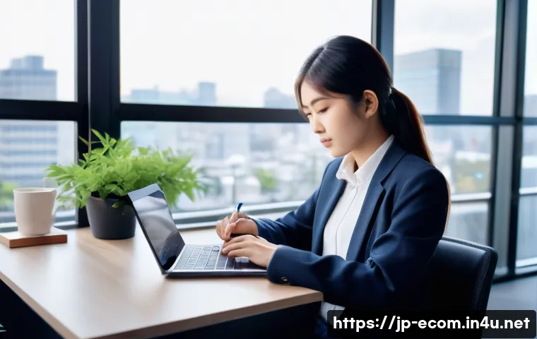 전자상거래 실기 시험 대비 효과적인 학습 계획 - A modern Japanese office scene showing a focused young adult woman studying practical e-commerce ski...