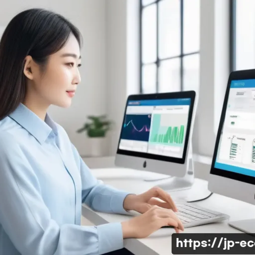 전자상거래 필기 시험에서 출제된 주요 개념 정리 - A modern Japanese e-commerce workspace scene featuring a young professional woman sitting at a sleek...