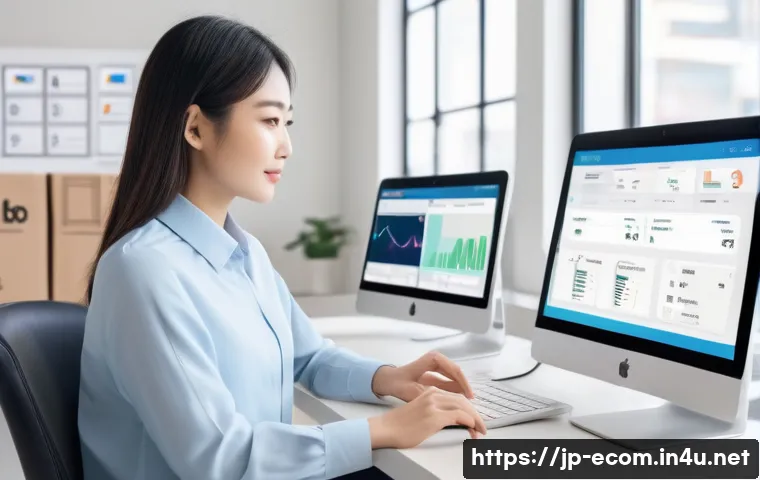 전자상거래 필기 시험에서 출제된 주요 개념 정리 - A modern Japanese e-commerce workspace scene featuring a young professional woman sitting at a sleek...