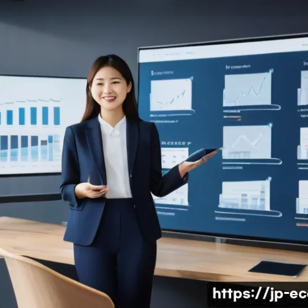 전자상거래 자격증과 디지털 마케팅 자격증 비교 및 활용 사례 - A modern Japanese office setting where a young professional woman in business casual attire is confi...