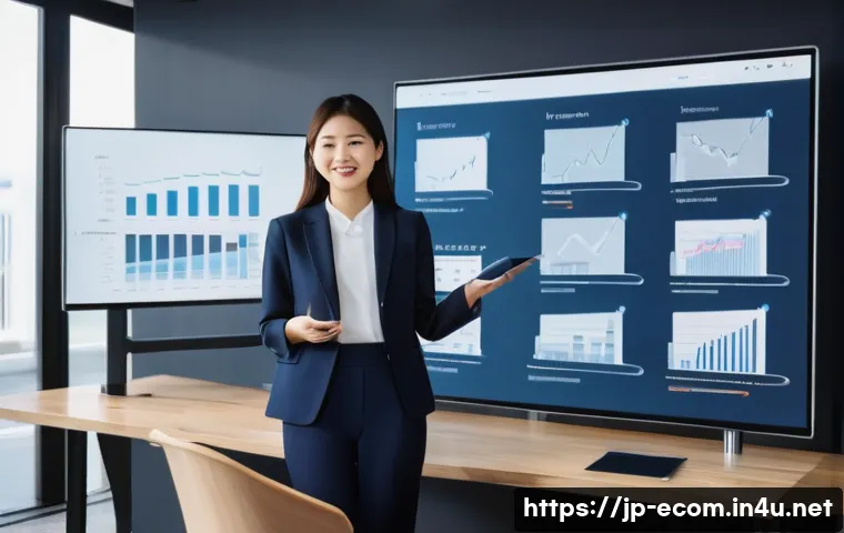 전자상거래 자격증과 디지털 마케팅 자격증 비교 및 활용 사례 - A modern Japanese office setting where a young professional woman in business casual attire is confi...