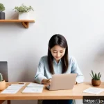 전자상거래 실무에서 요구되는 필수 기술 정리 - A modern Japanese e-commerce workspace scene featuring a young professional woman writing product de...