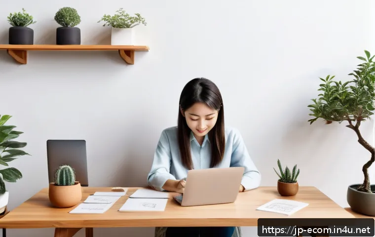 전자상거래 실무에서 요구되는 필수 기술 정리 - A modern Japanese e-commerce workspace scene featuring a young professional woman writing product de...