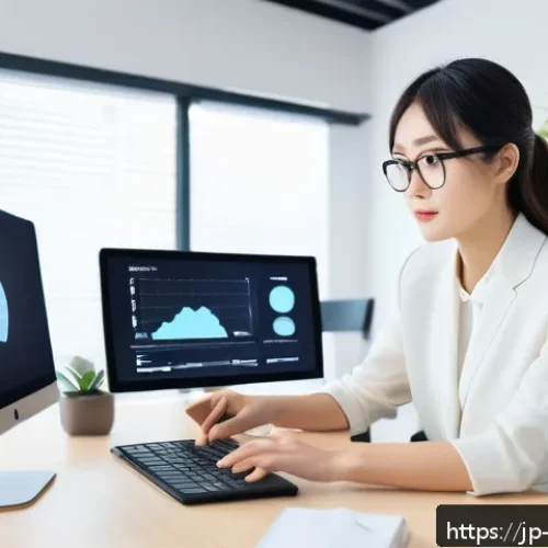 전자상거래 자격증 취득 후 커리어 개발 방향 - A modern Japanese office scene with a young professional woman analyzing digital marketing data on m...