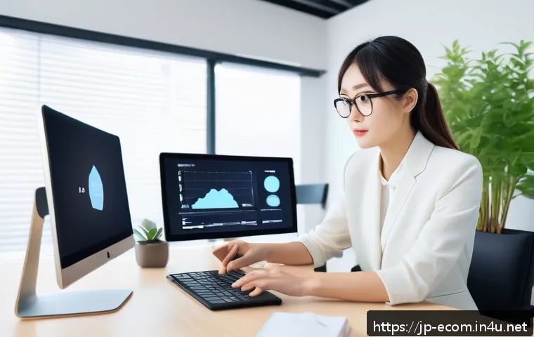 전자상거래 자격증 취득 후 커리어 개발 방향 - A modern Japanese office scene with a young professional woman analyzing digital marketing data on m...