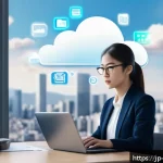 전자상거래 자격증 취득 후 클라우드 기반 이커머스 분야 진출기 - A modern Japanese office scene showing a young professional woman wearing business casual attire, wo...