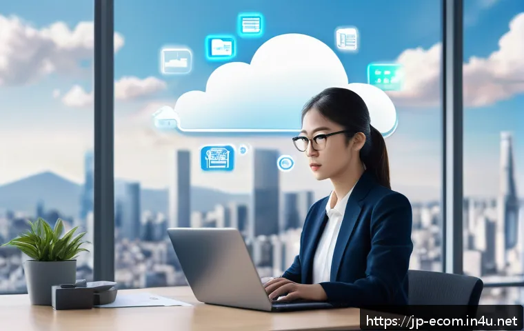 전자상거래 자격증 취득 후 클라우드 기반 이커머스 분야 진출기 - A modern Japanese office scene showing a young professional woman wearing business casual attire, wo...