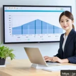 전자상거래 자격증 취득 후 연봉 상승 경험담 - A modern Japanese office scene showing a young professional woman confidently presenting an e-commer...