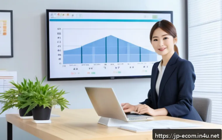 전자상거래 자격증 취득 후 연봉 상승 경험담 - A modern Japanese office scene showing a young professional woman confidently presenting an e-commer...